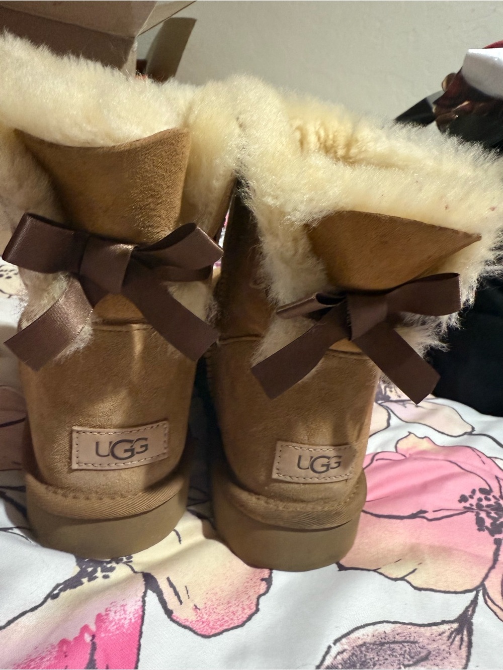 UGG Chestnut Suede Boots with Cream Shearling and Brown Bows
